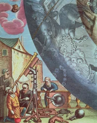 Astronomer som ser gjennom et teleskop, detaljer fra et kart over stjernebildene fra puben 